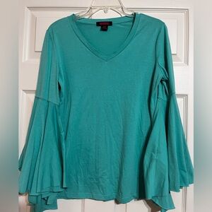 Rock & Roll Cowgirl Teal V-Neck Flare Sleeve Blouse